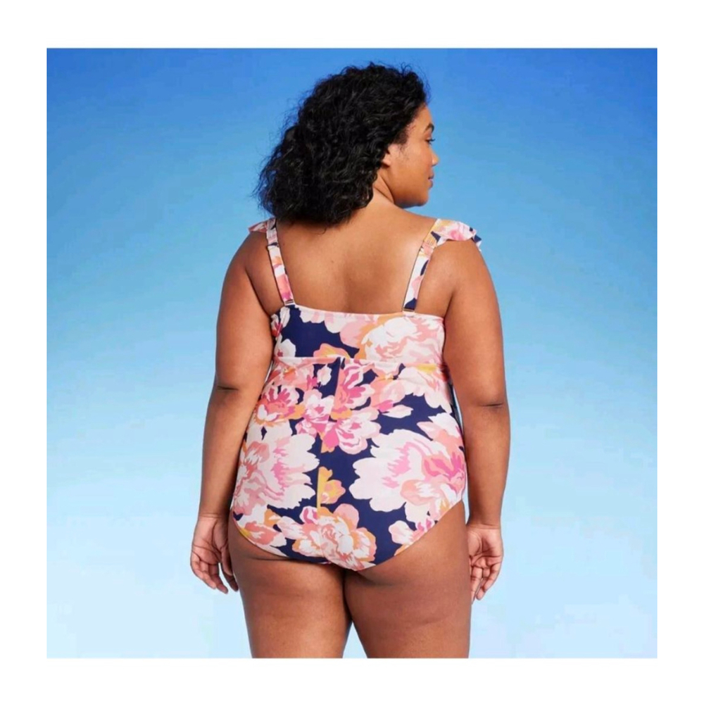 Kona Sol Navy Pink Floral Ruffle One Piece Swimsuit 16 Plus resortcore beach - Picture 2 of 7